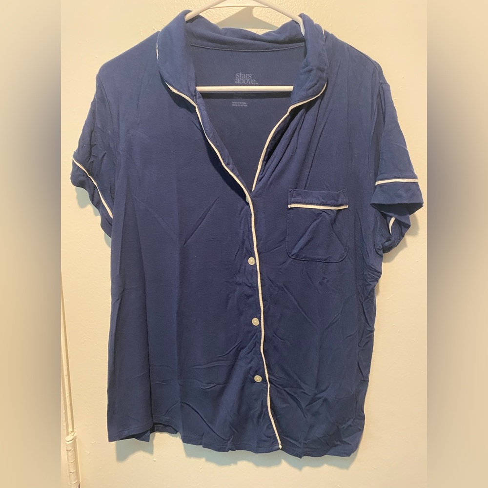 Blue Button-Up Pajama Top and Shorts Set